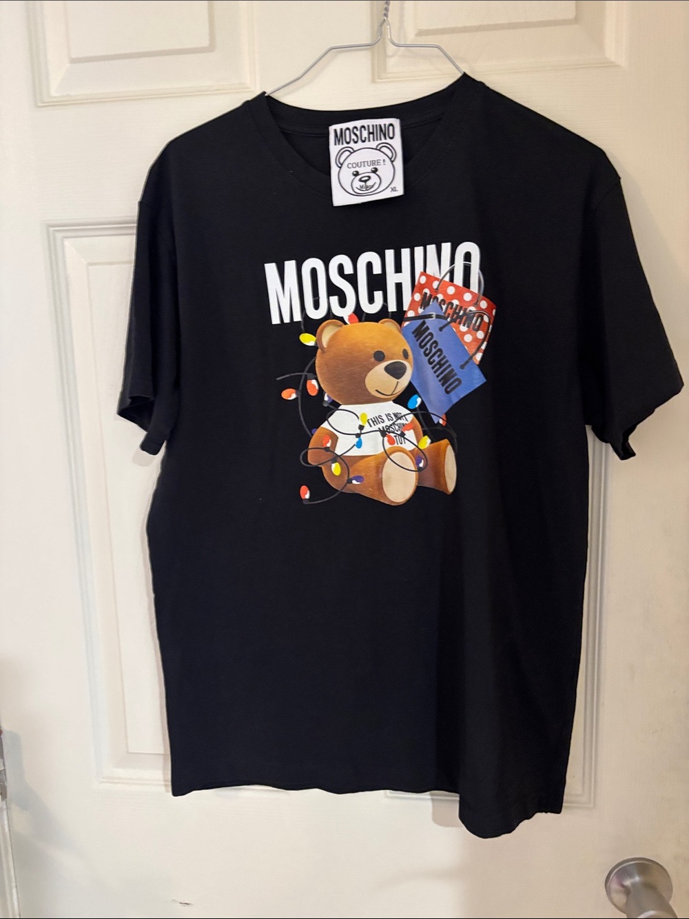 Moschino Black Tee with Teddy & Gift Graphic